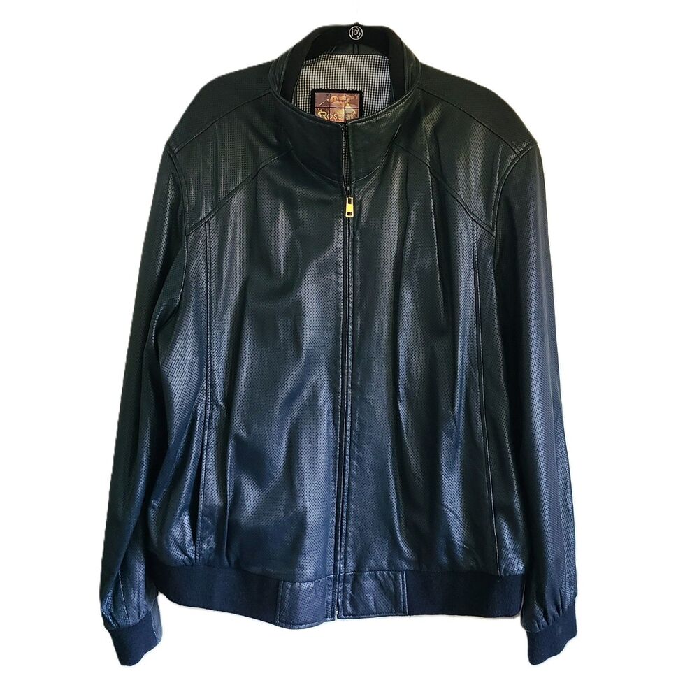 Baggio Rossini 5XL Navy Blue‎ Leather Jacket Moto Biker Bomber Preppy Full Zip